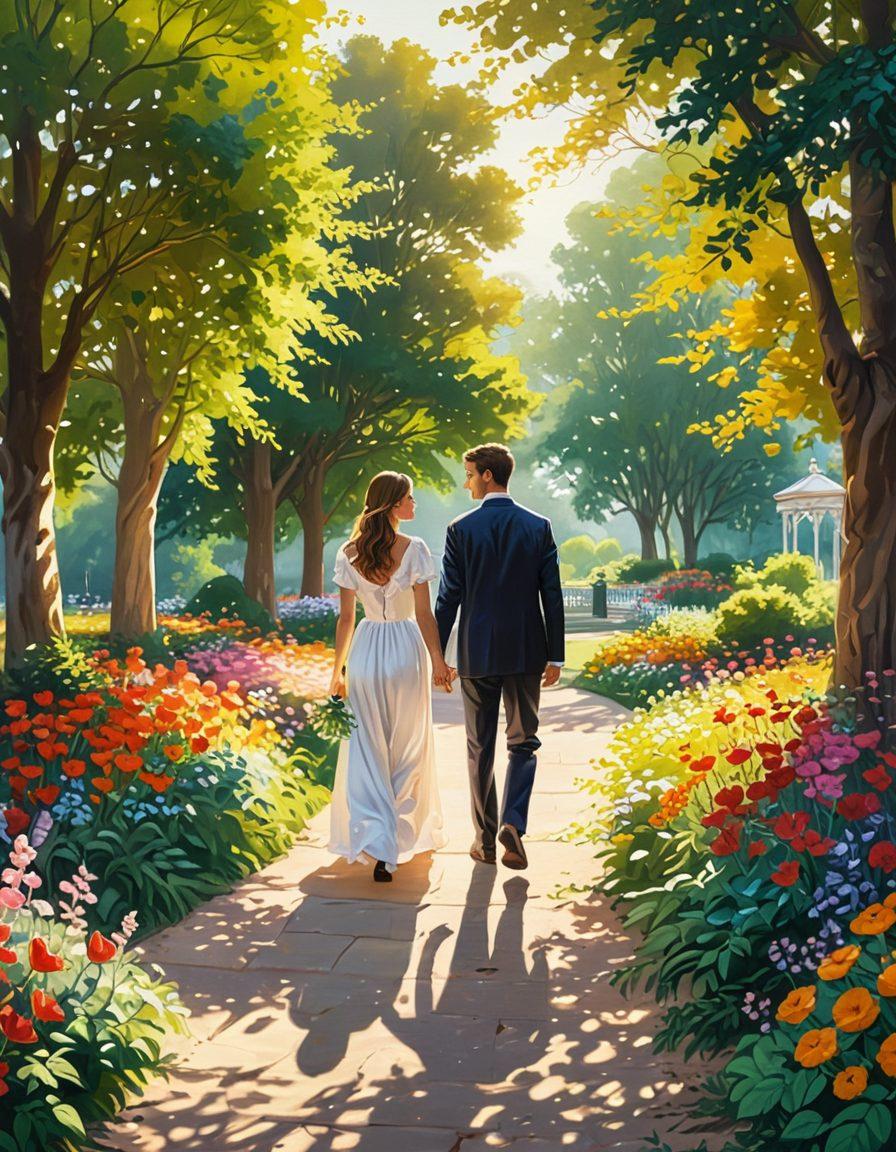 A radiant couple walking hand in hand through a lush, serene park at sunset, with golden light filtering through the trees and surrounding them in a warm embrace. In the background, subtle hearts and key symbols hint at unlocking secrets, while vibrant flowers symbolize blooming love. painting. vibrant colors. white background.