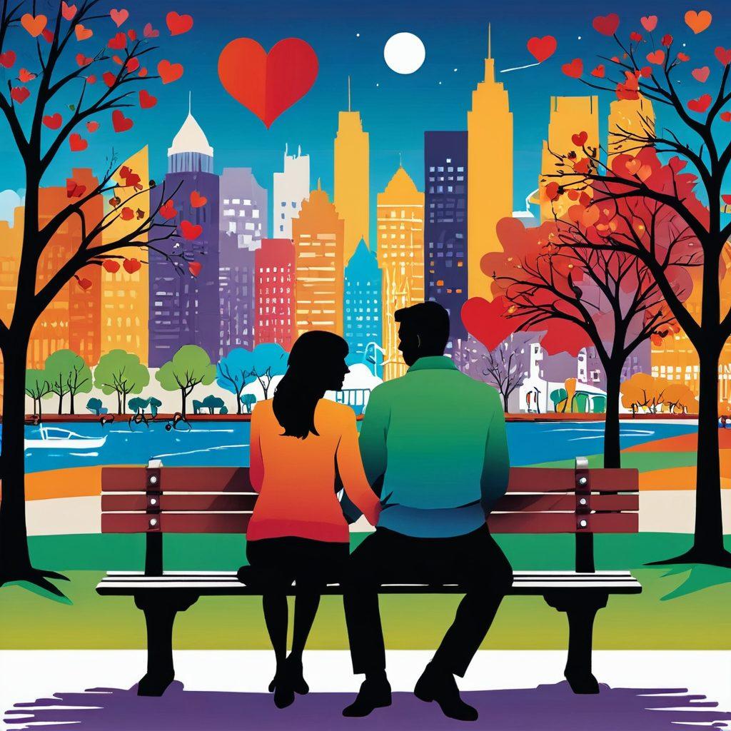 A couple sitting on a park bench, holding hands and leaning towards each other with warm smiles, surrounded by a dynamic cityscape symbolizing the modern world. In the background, there are abstract icons of communication tools, calendars, and intertwined hearts. The image should convey balance, connection, and harmony. vector art. vibrant colors.