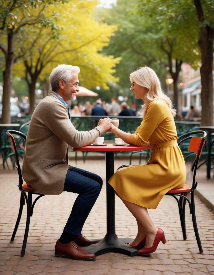 A vivid scene depicting a couple in various stages of their relationship: from a playful flirtation at a coffee shop, to a romantic dinner date, to a mature couple holding hands while walking in a serene park. Intertwined hearts subtly float between stages, representing connectivity and growth. vibrant colors. super-realistic. heartwarming.